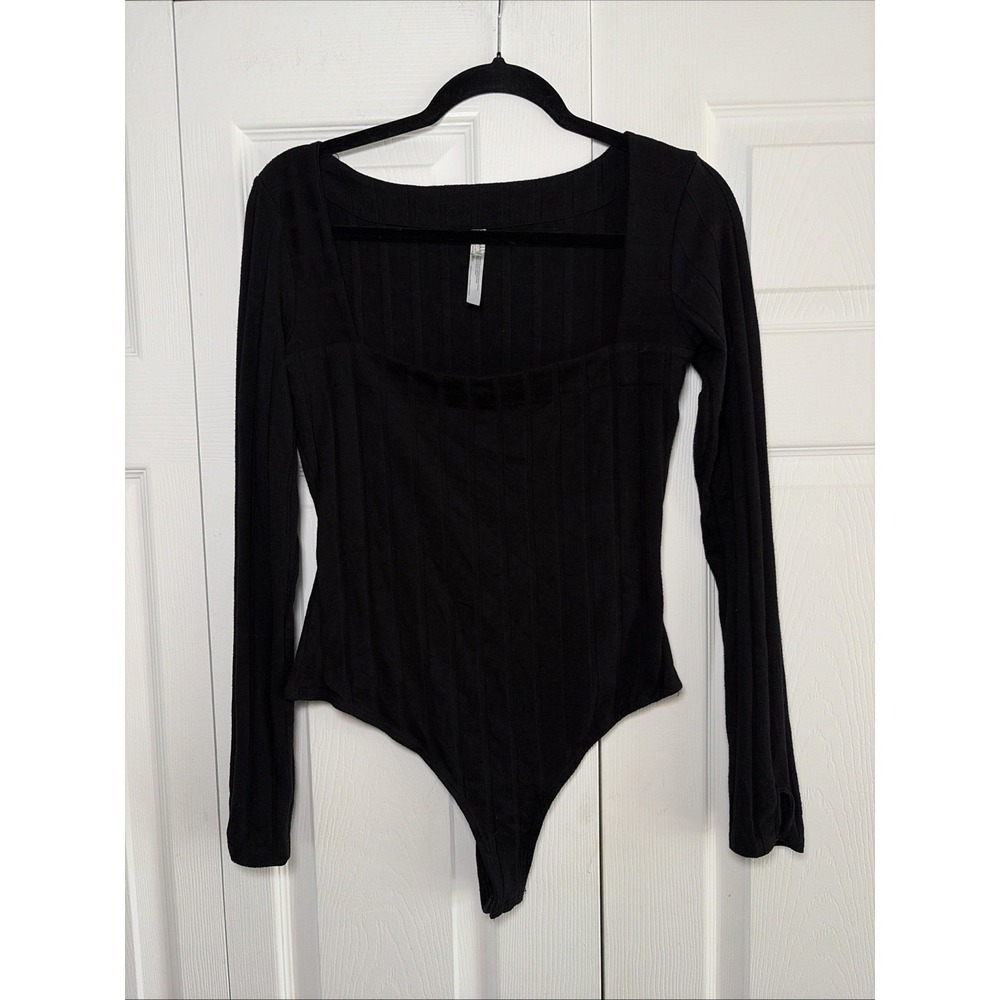 Free People Intimately Square Neck Bodysuit Womens Size M Black Ribbed Knit Long